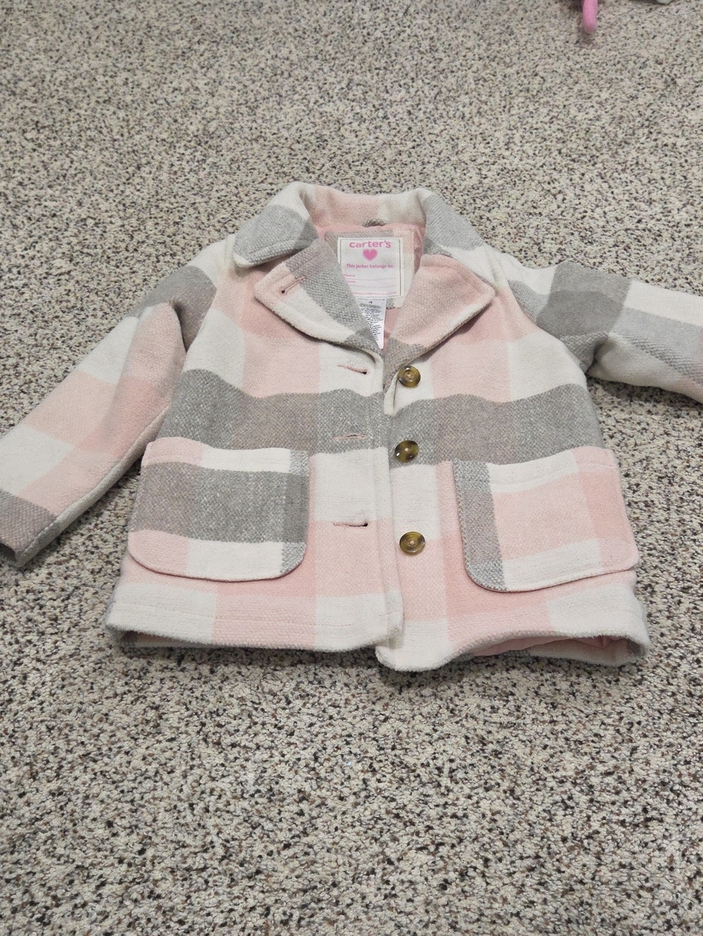Like New Carter's Pink, Gray & White Plaid Peacoat for Kids